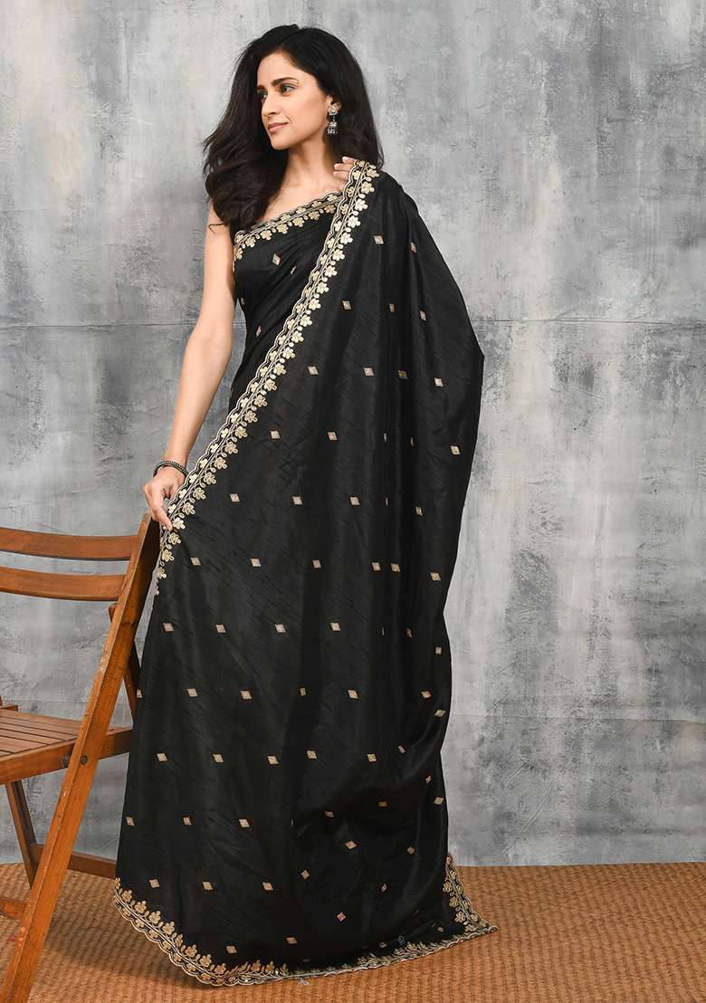 Black Solid Art Silk Blend Saree Set for Diwali and Festive Wear - Indya
