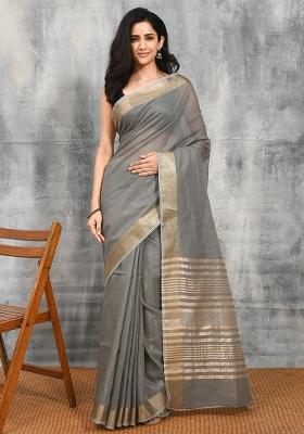 Grey Woven Design Linen Blend Saree Set