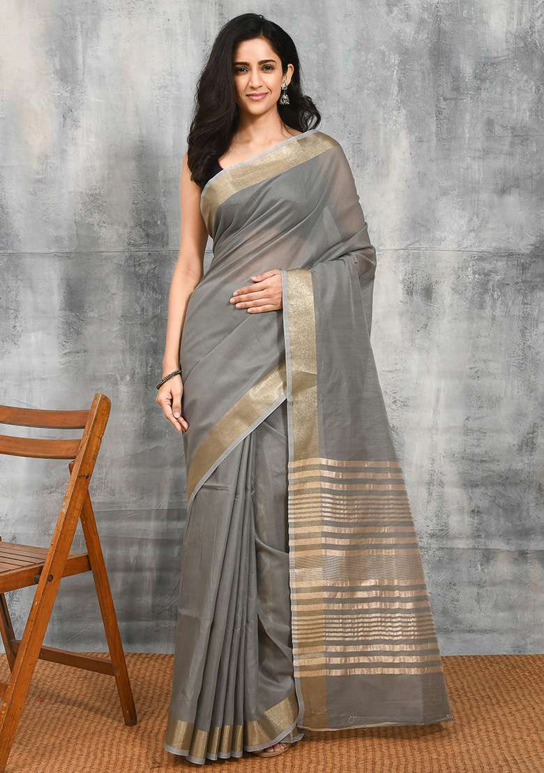 Grey Woven Design Blend Linen Saree Set for Diwali | Wedding & Festive Wear - Indya