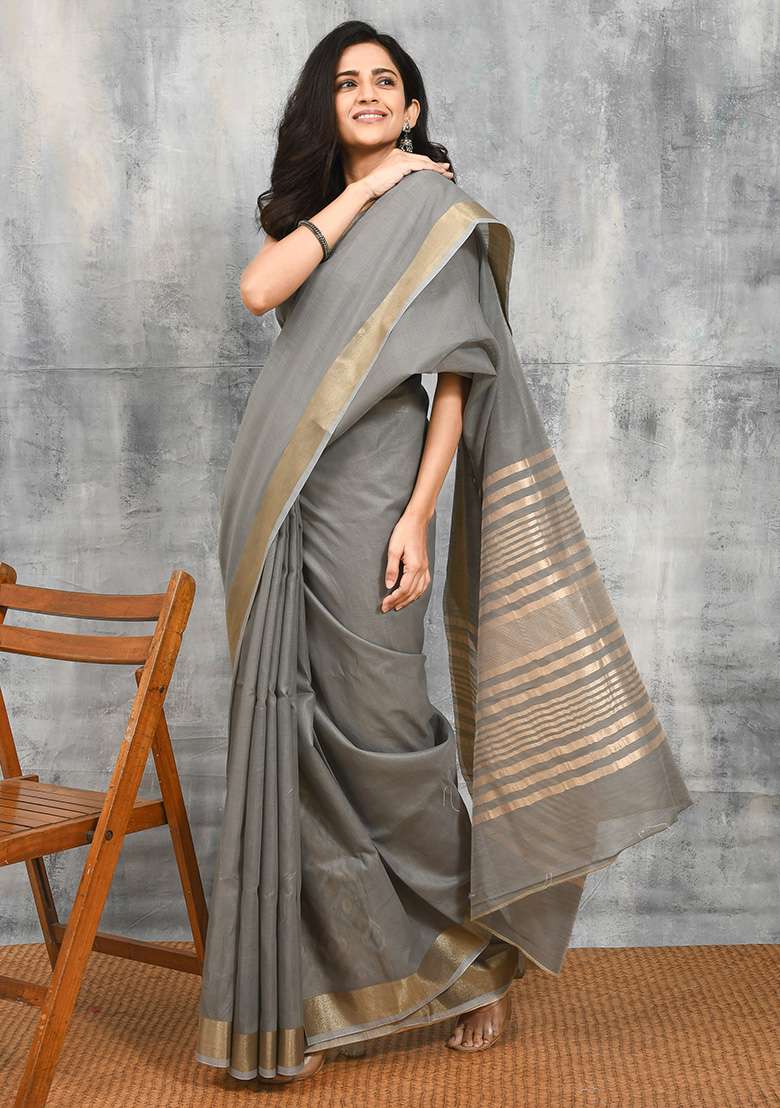 Grey Woven Design Blend Linen Saree Set for Diwali | Wedding & Festive Wear - Indya