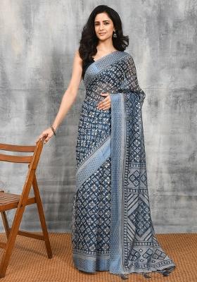 Blue Printed Brasso Saree Set