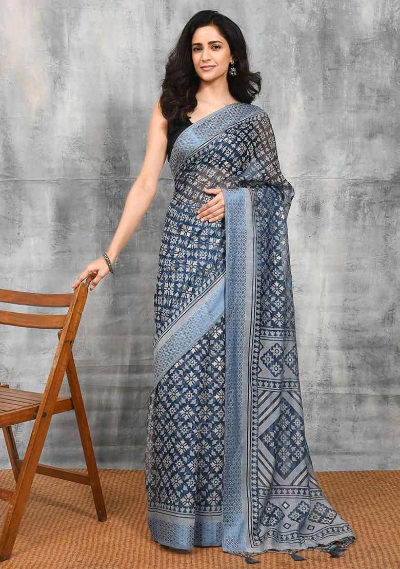 Blue Printed Brasso Saree Set