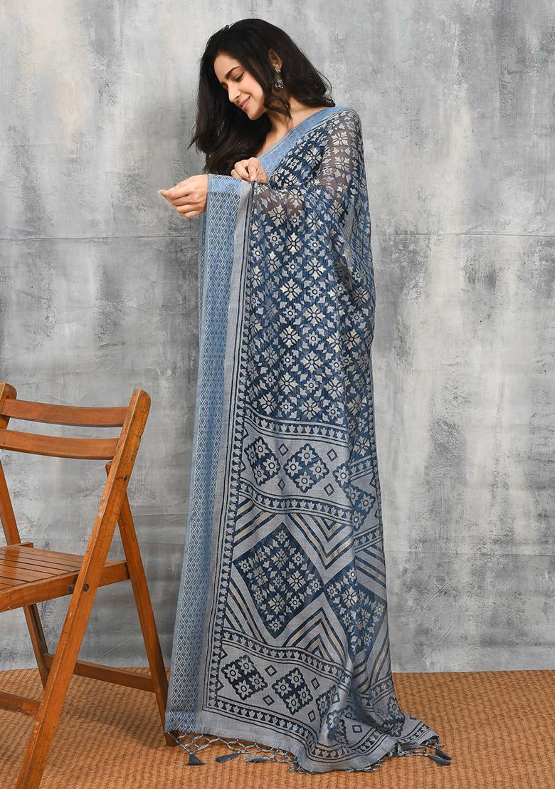 Blue Printed Brasso Saree Set