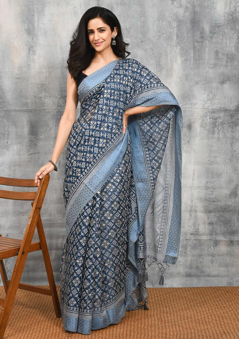 Blue Printed Brasso Saree Set
