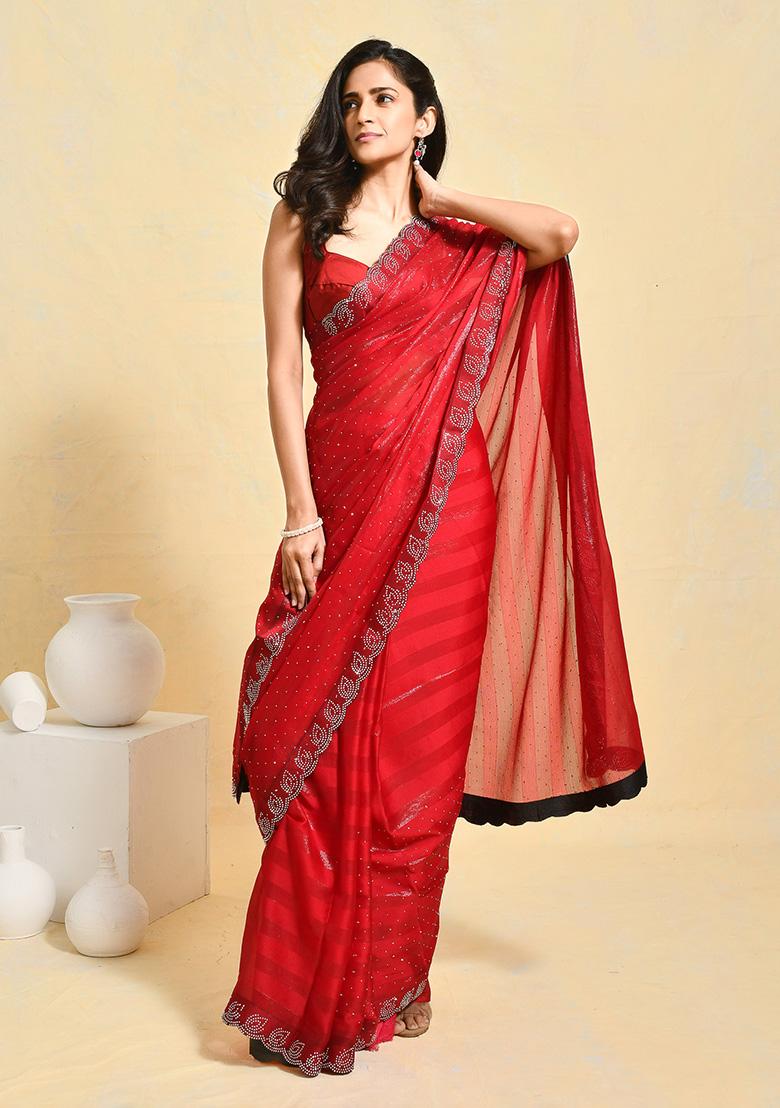 Maroon Woven Design Chiffon Saree Set