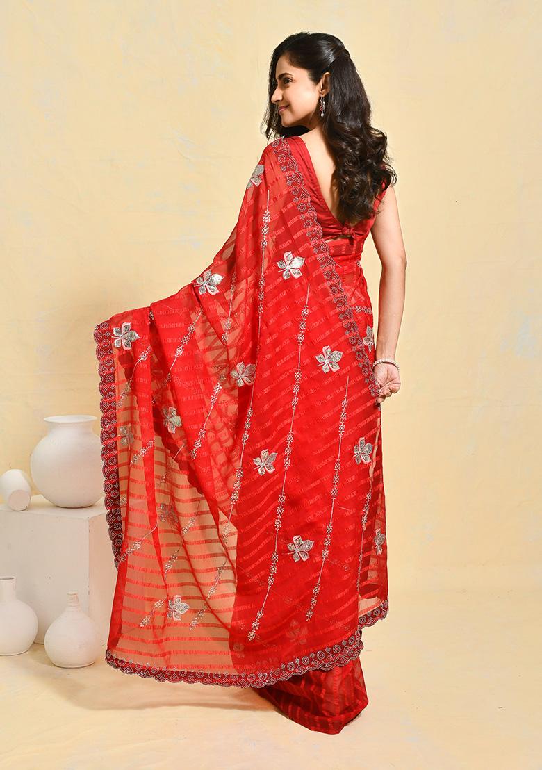 Red Embroidered Chiffon Saree Set