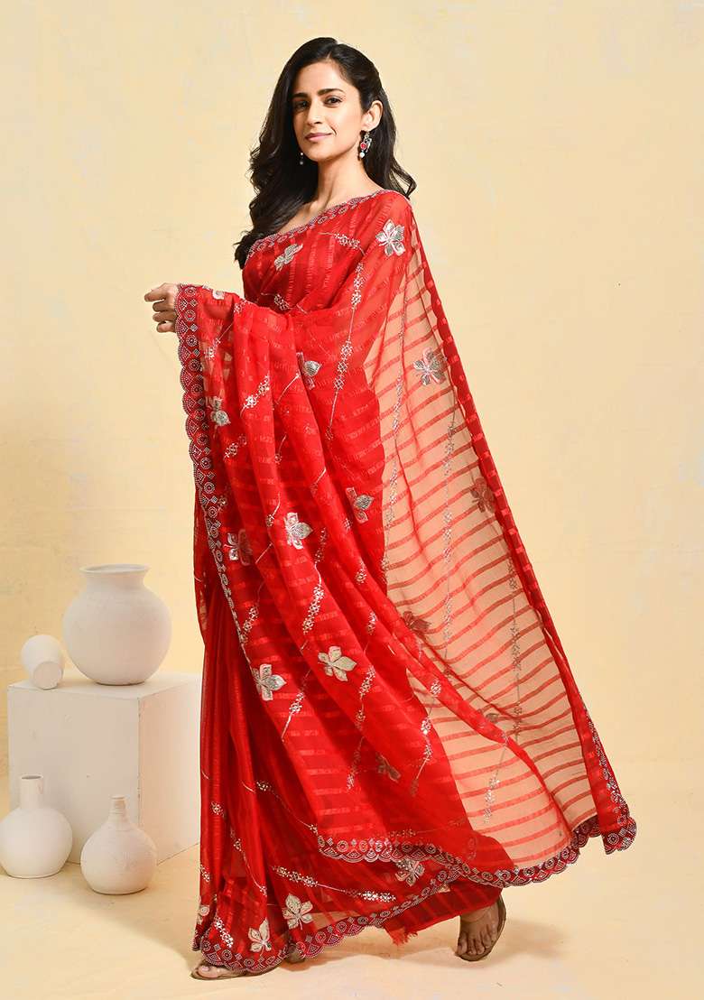 Red Embroidered Chiffon Saree Set for Diwali and Festive Wear - Indya