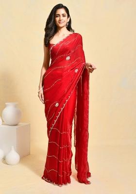 Red Embellished Satin Saree Set