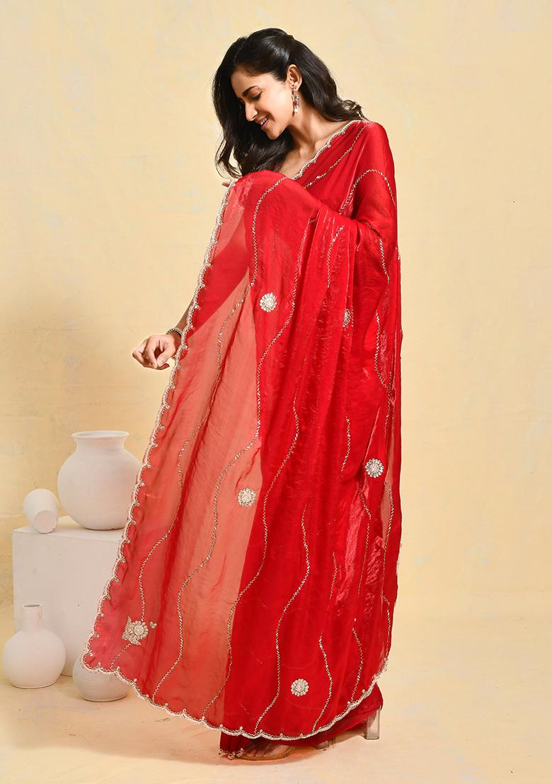Red Embellished Satin Saree Set