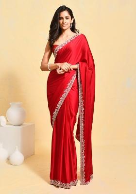 Maroon Embellished Satin Saree Set