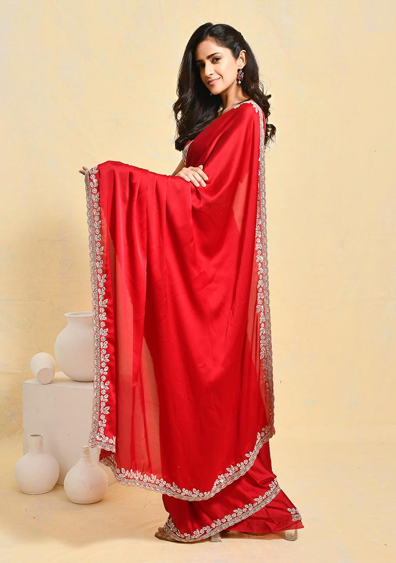 Maroon Embellished Satin Saree Set