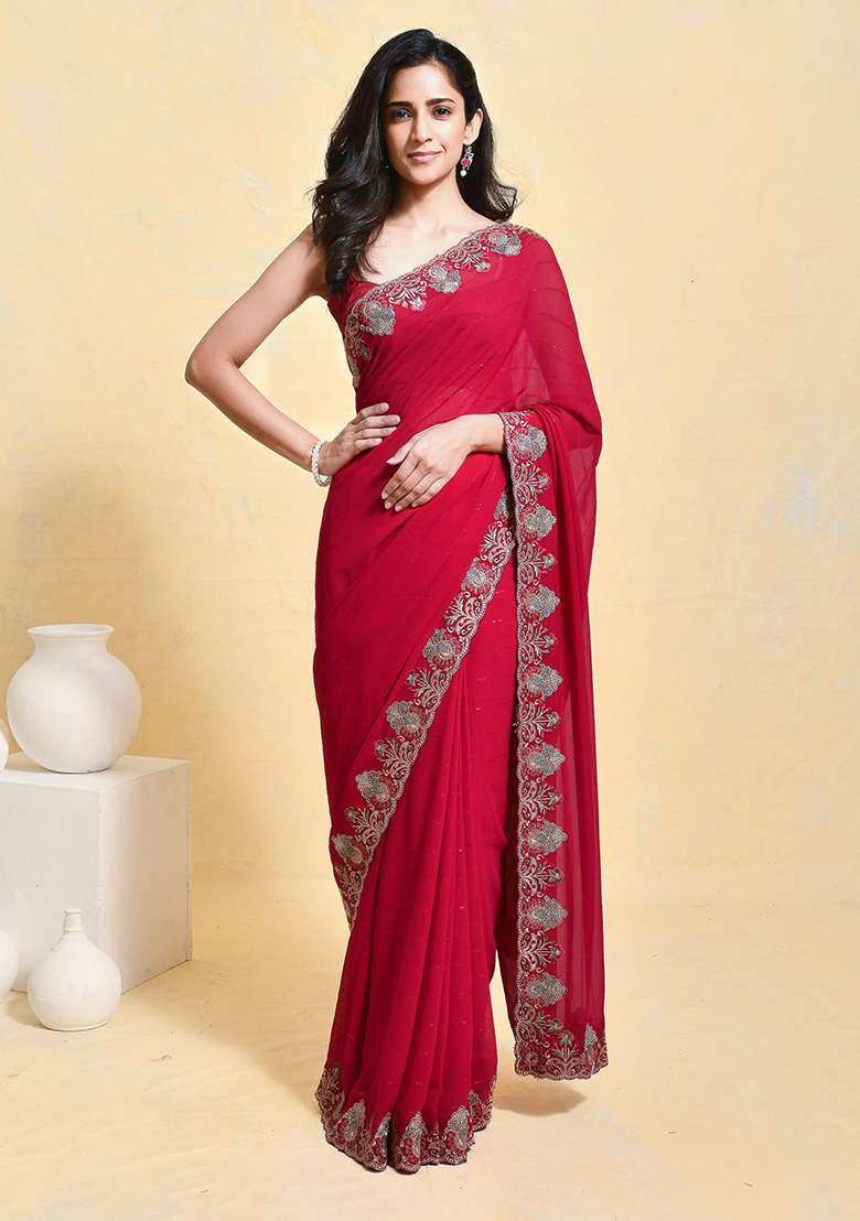Pink Embroidered Georgette Saree Set - Indya