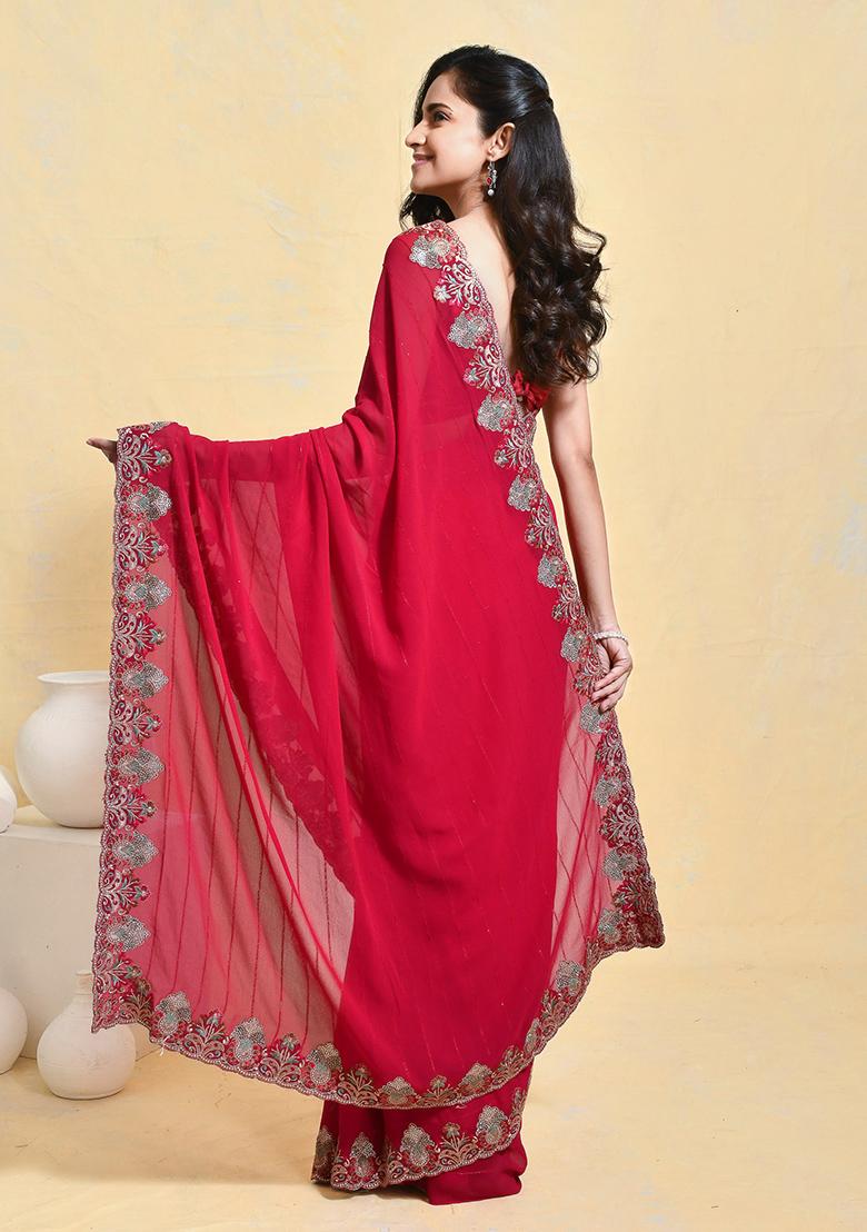 Pink Embroidered Georgette Saree Set
