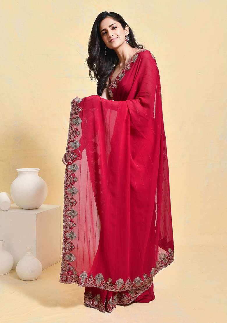 Pink Embroidered Georgette Saree Set - Indya