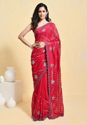 Pink Embroidered Chiffon Saree Set