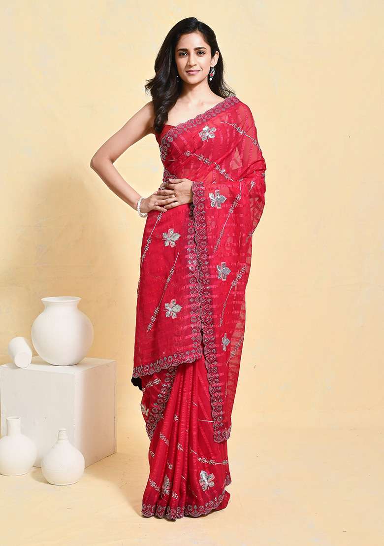 Pink Embroidered Chiffon Saree Set for Diwali and Festive Wear - Indya