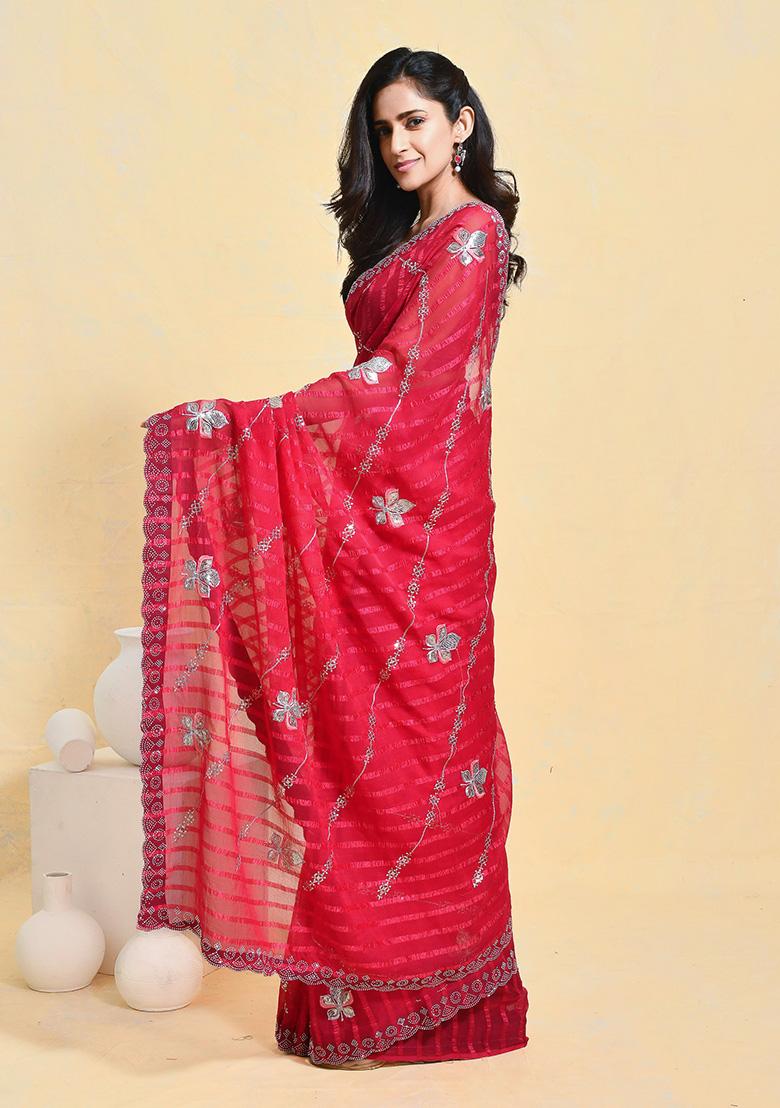 Pink Embroidered Chiffon Saree Set