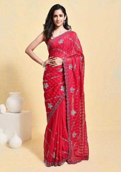 Pink Embroidered Chiffon Saree Set
