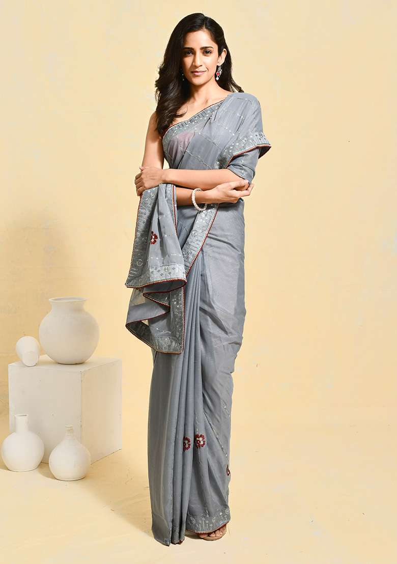 Grey Embroidered Georgette Saree Set for Diwali and Festive Wear - Indya
