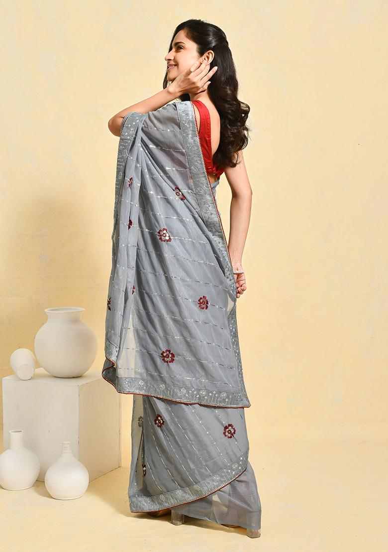 Grey Embroidered Georgette Saree Set