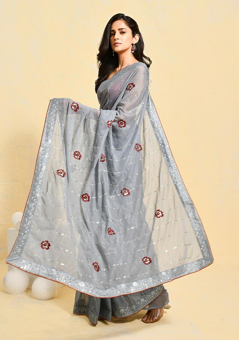 Grey Embroidered Georgette Saree Set