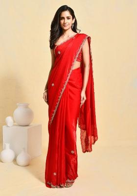 Red Embellished Satin Saree Set