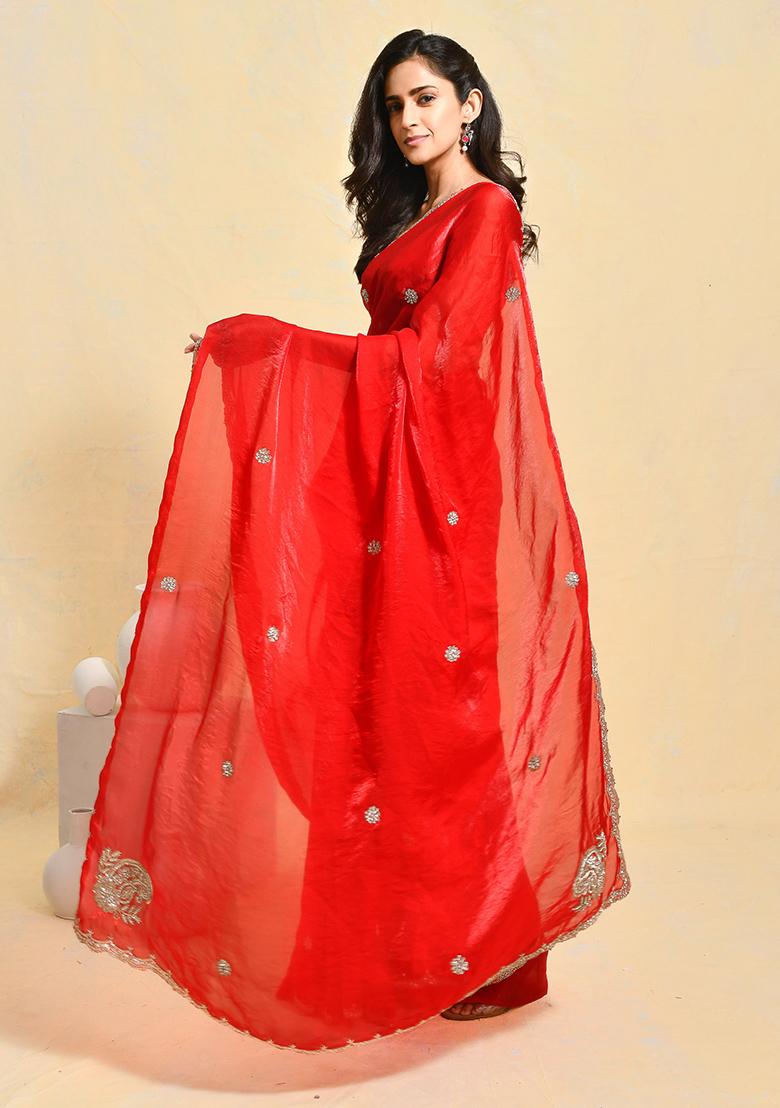 Red Embellished Satin Saree Set