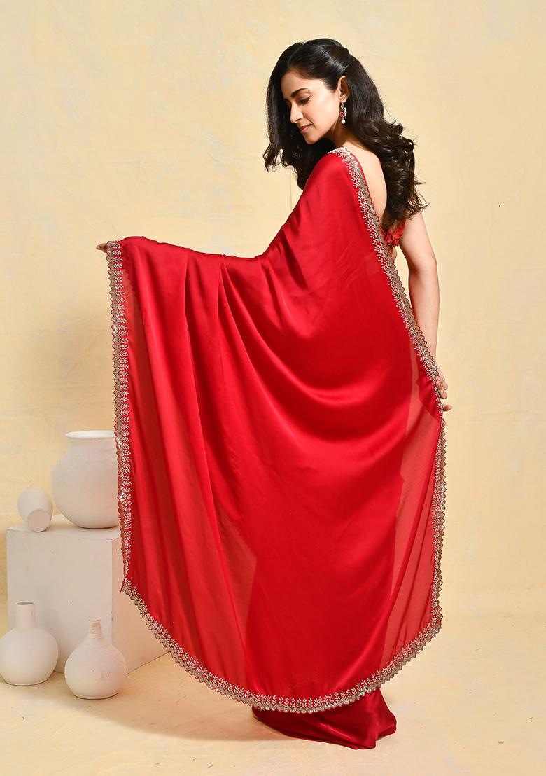 Maroon Embellished Satin Saree Set