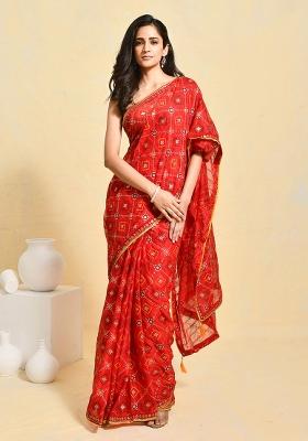 Red Printed Georgette Saree Set