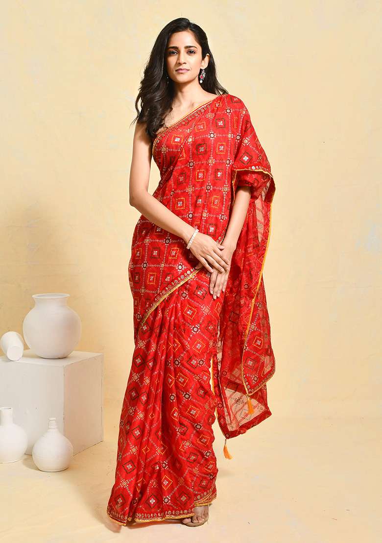 Red Georgette Saree Set with Printed for Diwali | Wedding & Festive Wear - Indya
