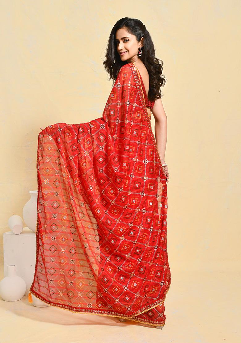 Red Printed Georgette Saree Set