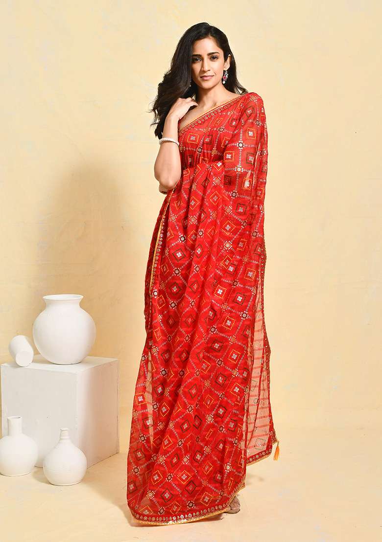 Red Georgette Saree Set with Printed for Diwali | Wedding & Festive Wear - Indya