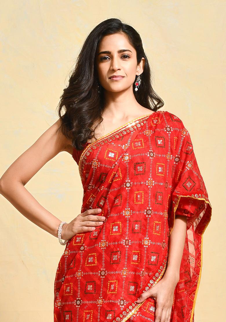 Red Printed Georgette Saree Set