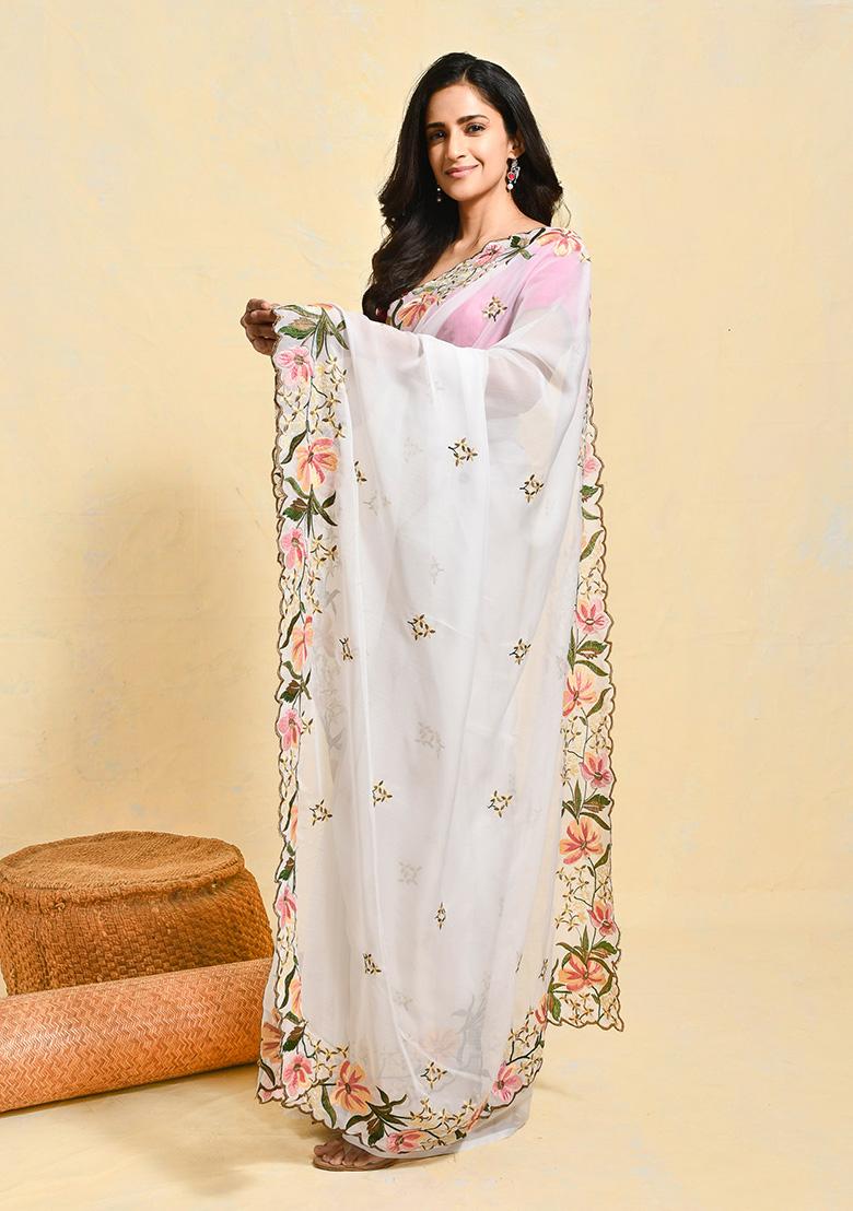 White Embroidered Organza Saree Set