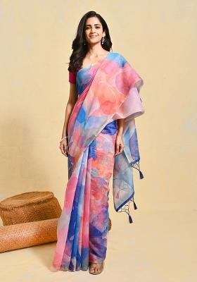 Blue Printed Art Silk Saree Set