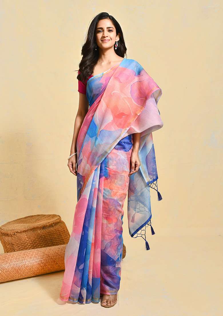 Blue Blend Art Silk Saree Set with Printed for Diwali | Wedding & Festive Wear - Indya