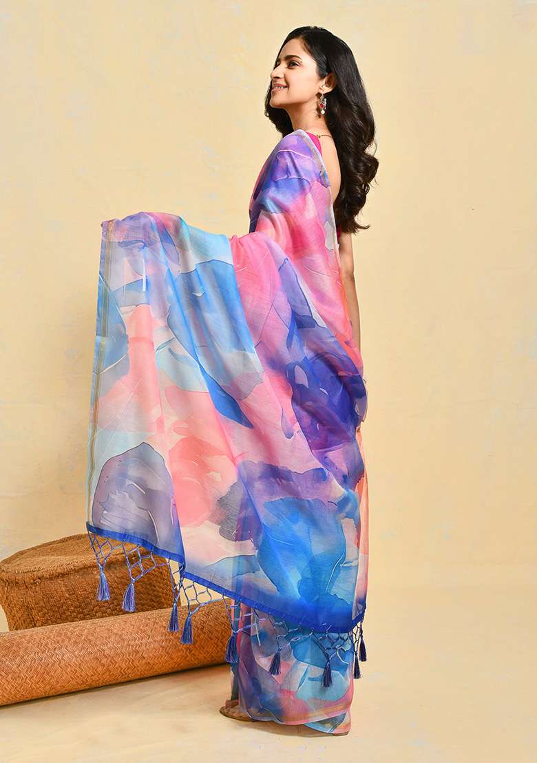 Blue Blend Art Silk Saree Set with Printed for Diwali | Wedding & Festive Wear - Indya
