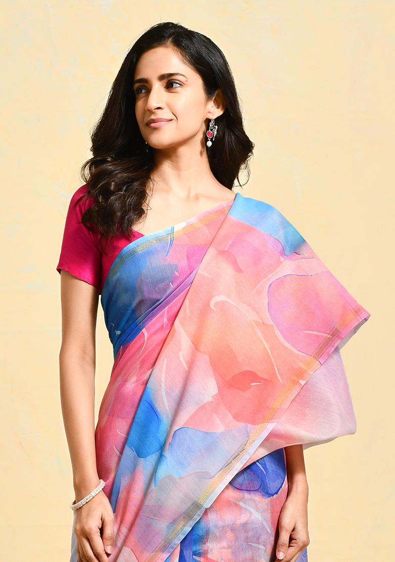 Blue Printed Art Silk Saree Set