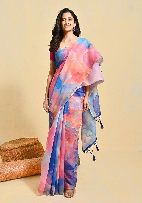 Blue Printed Art Silk Saree Set