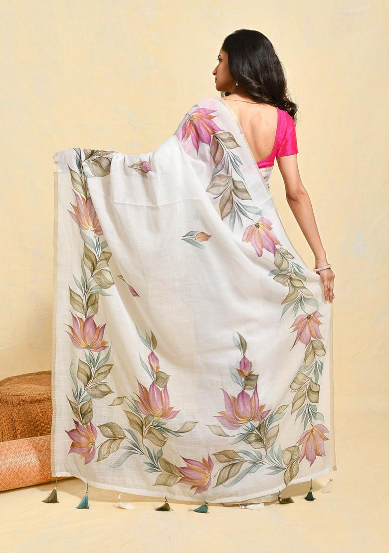 White Embroidered Linen Saree Set