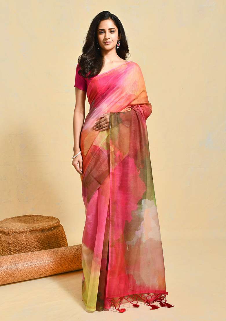 Pink Printed Art Silk Saree Set - Indya