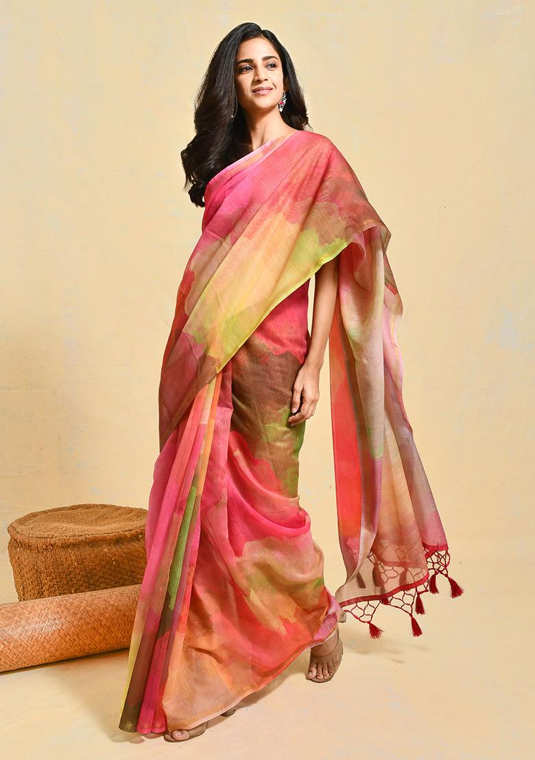 Pink Printed Art Silk Saree Set