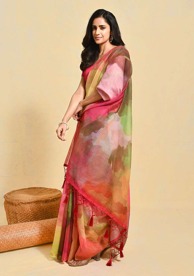 Pink Printed Art Silk Saree Set - Indya