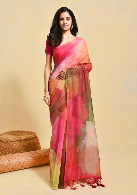 Pink Printed Art Silk Saree Set