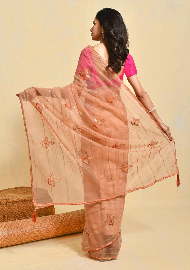 Orange Embroidered Organza Saree Set