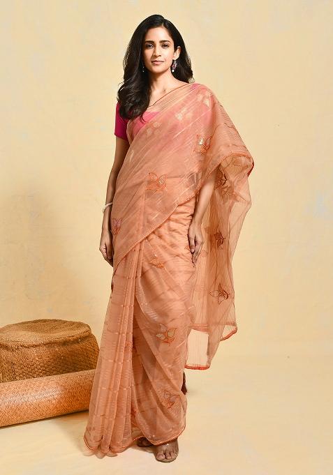 Orange Embroidered Organza Saree Set