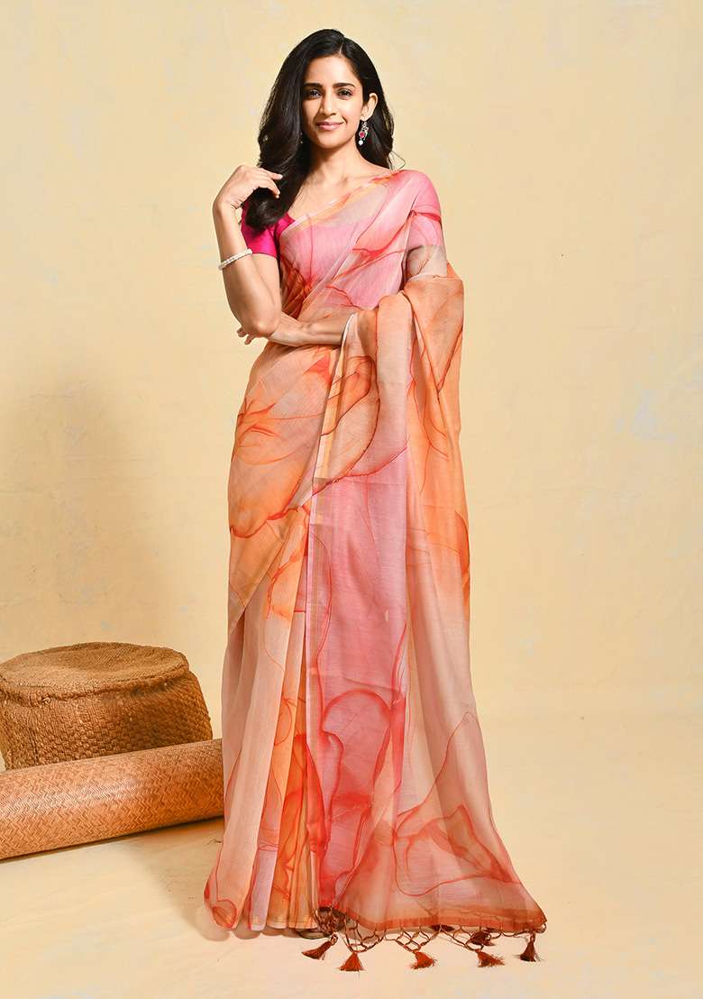 Orange Blend Art Silk Saree Set with Printed for Diwali | Wedding & Festive Wear - Indya