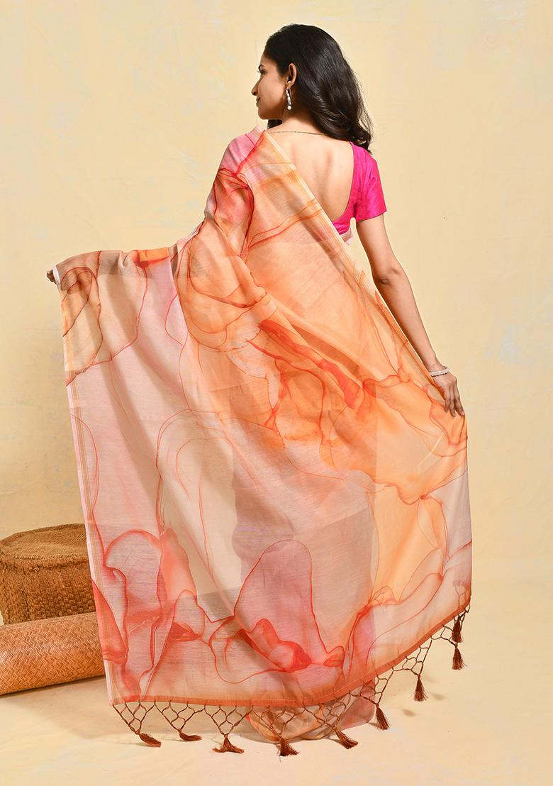 Orange Printed Art Silk Saree Set