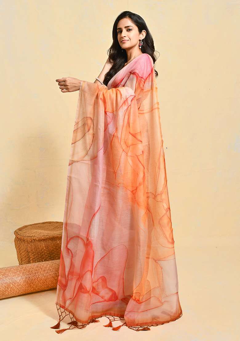 Orange Blend Art Silk Saree Set with Printed for Diwali | Wedding & Festive Wear - Indya