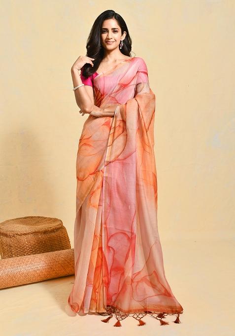 Orange Printed Art Silk Saree Set